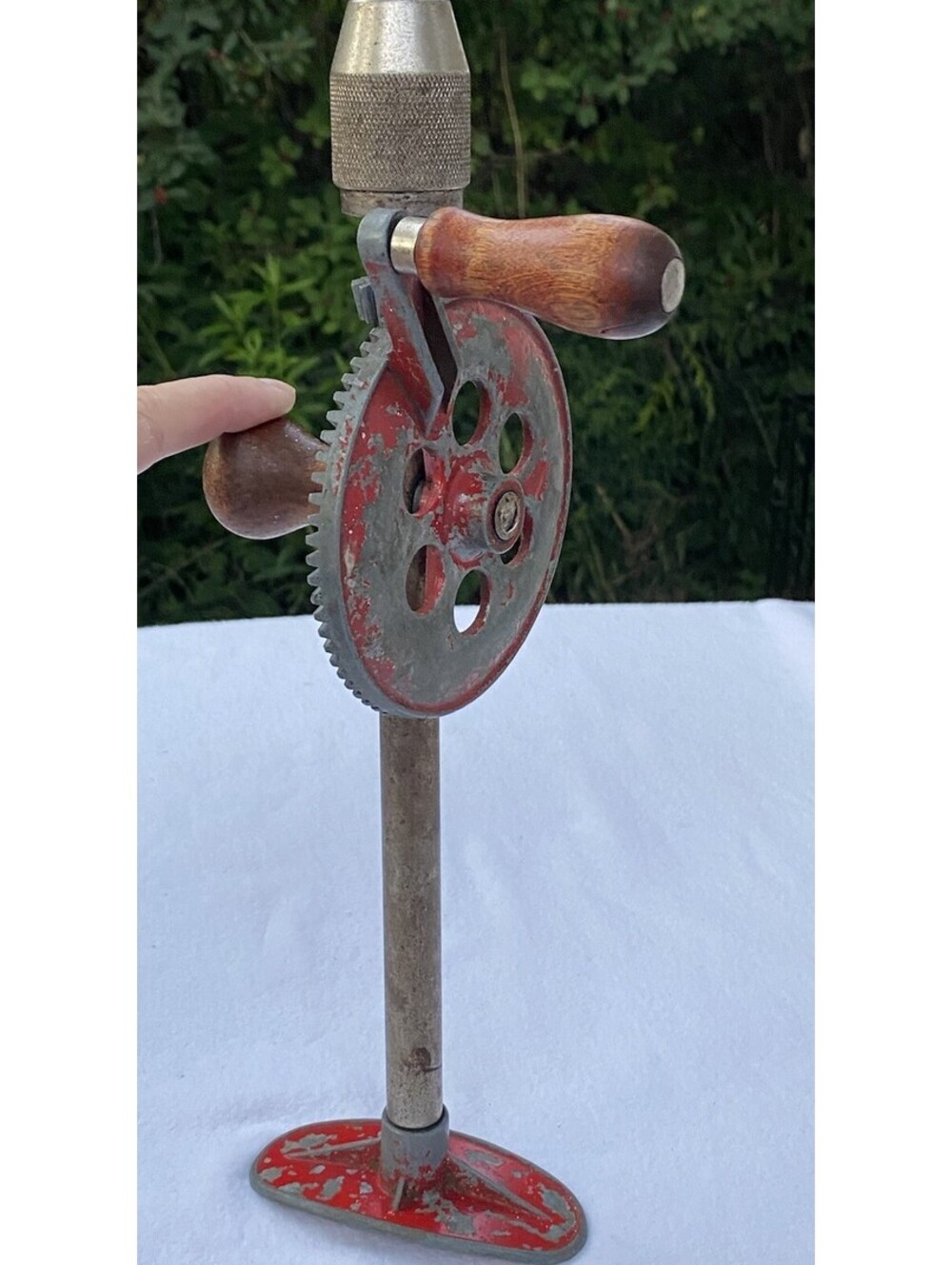 Vintage Eggbeater Hand Drill Manual Crank Wood Handle Red Gear Tool Decor